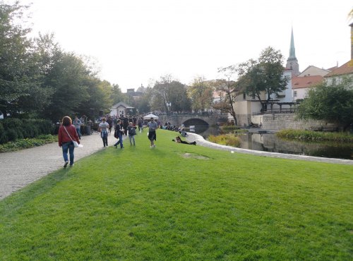 Musiker spielen im Jezírko Park, Pilsen